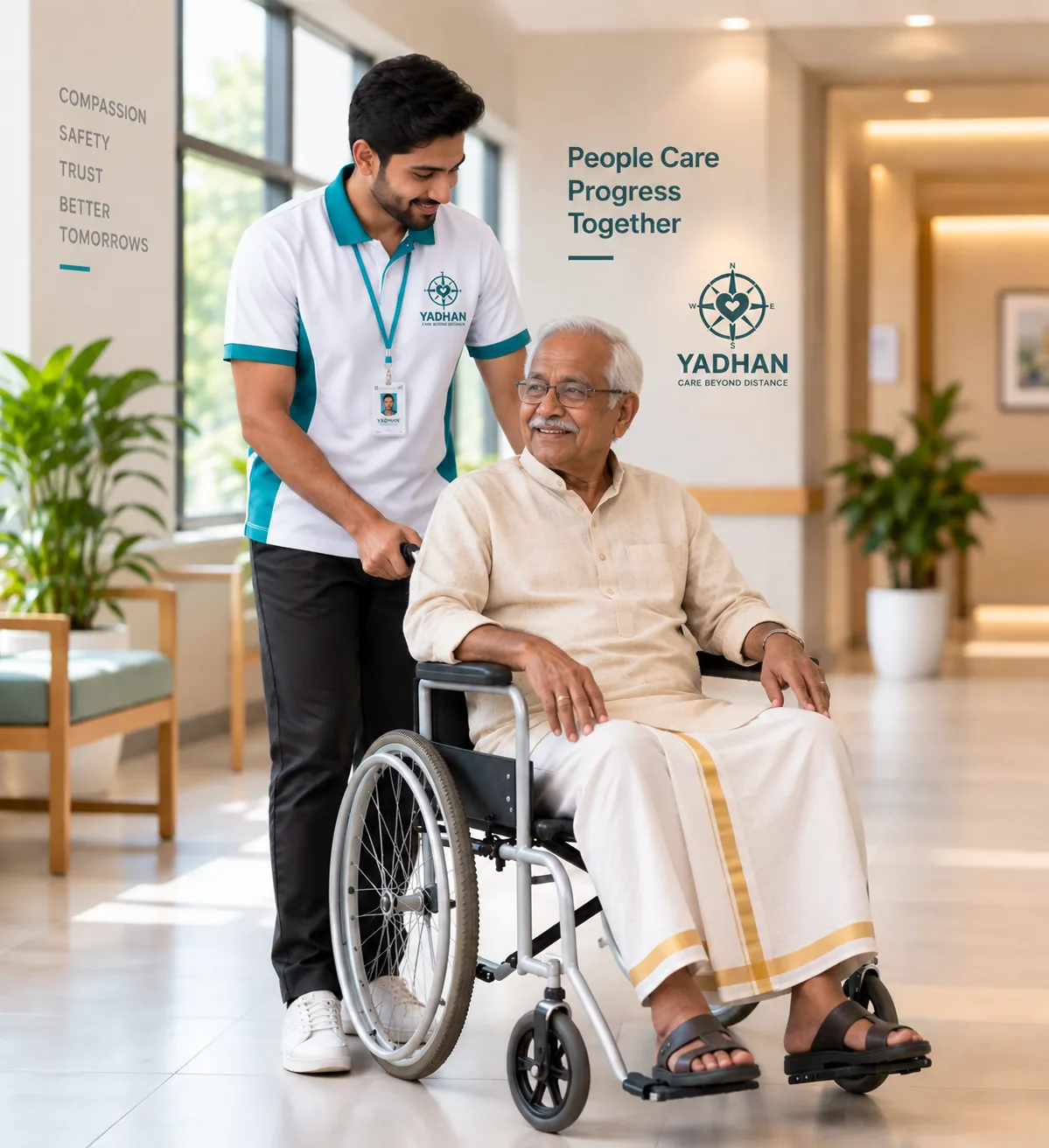 A Yadhan companion in a branded polo and ID card pushing a smiling elderly man in a wheelchair along a bright hospital corridor, beside the words People Care Progress Together and the Yadhan logo.