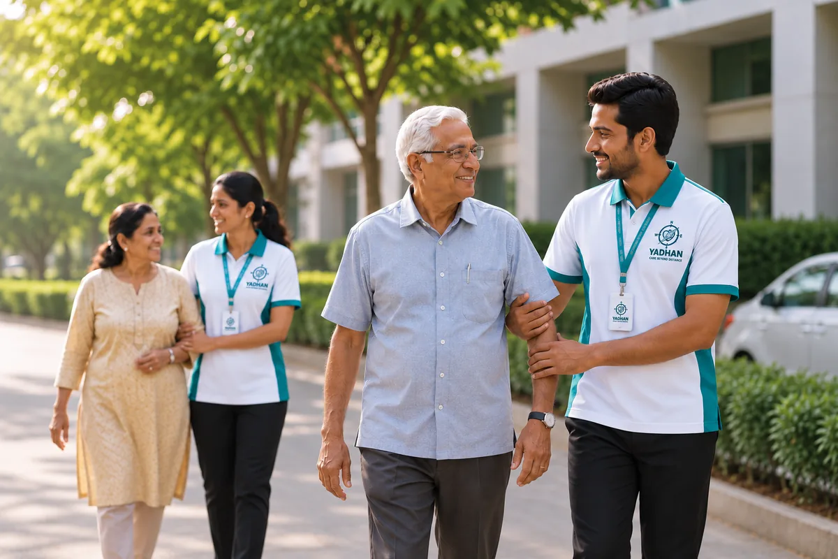 Two Yadhan companions in branded uniforms and ID cards walking an elderly couple across a hospital campus, one steadying the man by the arm.