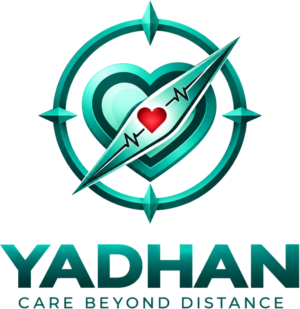 The Yadhan logo: a compass ring around a teal heart with a heartbeat line through it and a red heart at the centre, above the word YADHAN and the line Care beyond distance.