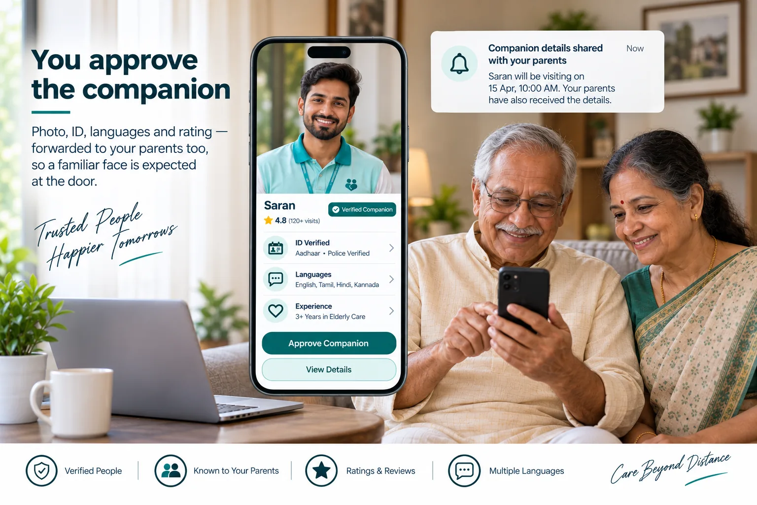An elderly couple on a sofa looking at a phone, beside a companion profile card showing Saran, a verified companion, with his rating, ID and police verification, languages and years of experience, and an Approve Companion button.